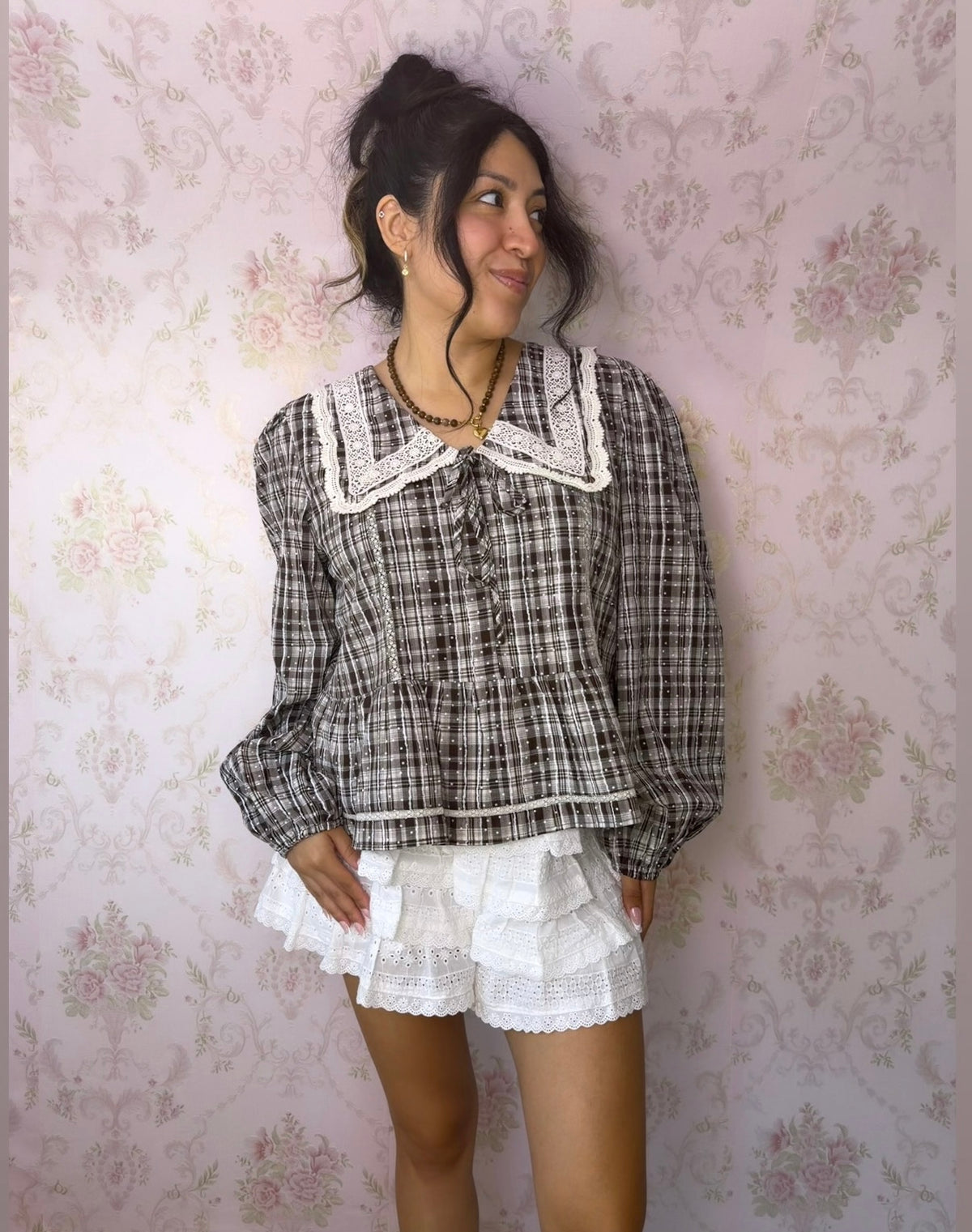 Cocoa Lace Plaid Top